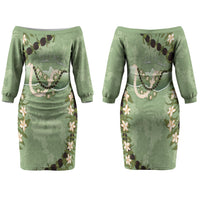 Hawaii Molokai Island Flowers Lei Family Matching Off The Shoulder Long Sleeve Dress and Hawaiian Shirt Kukui Nut Mossy Green LT7 Mom's Dress Moss Green - Polynesian Pride