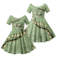 Hawaii Molokai Island Flowers Lei Family Matching Off The Shoulder Long Sleeve Dress and Hawaiian Shirt Kukui Nut Mossy Green LT7 Daughter's Dress Moss Green - Polynesian Pride