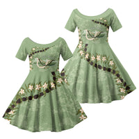 Hawaii Molokai Island Flowers Lei Family Matching Summer Maxi Dress and Hawaiian Shirt Kukui Nut Mossy Green
