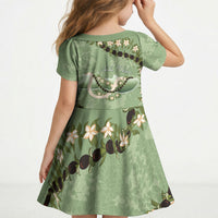 Hawaii Molokai Island Flowers Lei Kid Short Sleeve Dress Kukui Nut Mossy Green LT7 - Polynesian Pride
