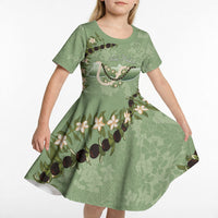Hawaii Molokai Island Flowers Lei Kid Short Sleeve Dress Kukui Nut Mossy Green LT7 - Polynesian Pride