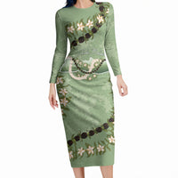 Hawaii Molokai Island Flowers Lei Long Sleeve Bodycon Dress Kukui Nut Mossy Green