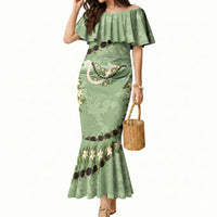 Hawaii Molokai Island Flowers Lei Mermaid Dress Kukui Nut Mossy Green LT7 Women Moss Green - Polynesian Pride