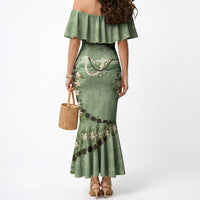 Hawaii Molokai Island Flowers Lei Mermaid Dress Kukui Nut Mossy Green LT7 - Polynesian Pride