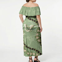 Hawaii Molokai Island Flowers Lei Off Shoulder Maxi Dress Kukui Nut Mossy Green LT7 - Polynesian Pride