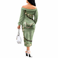 Hawaii Molokai Island Flowers Lei Off The Shoulder Long Sleeve Dress Kukui Nut Mossy Green LT7 - Polynesian Pride