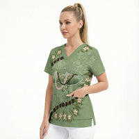 Hawaii Molokai Island Flowers Lei Scrub Top Kukui Nut Mossy Green