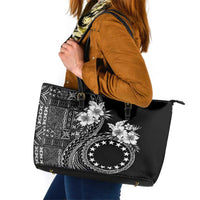 Kia Orana Cook Islands Leather Tote Bag Tiare and Stars LT7 Black - Polynesian Pride
