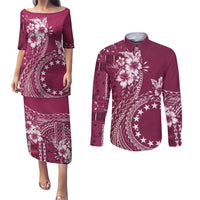 Kia Orana Cook Islands Couples Matching Puletasi and Long Sleeve Button Shirt Tiare and Stars - Maroon LT7 Maroon - Polynesian Pride