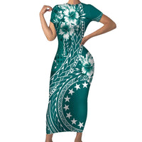 Kia Orana Cook Islands Family Matching Short Sleeve Bodycon Dress and Hawaiian Shirt Tiare and Stars - Teal