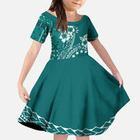 Kia Orana Cook Islands Kid Short Sleeve Dress Tiare and Stars - Teal