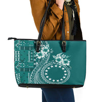 Kia Orana Cook Islands Leather Tote Bag Tiare and Stars - Teal LT7 - Polynesian Pride
