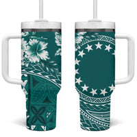 Kia Orana Cook Islands Tumbler With Handle Tiare & Stars - Teal LT7 One Size: 40 oz Teal - Polynesian Pride