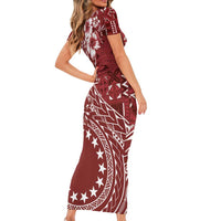 Kia Orana Cook Islands Family Matching Short Sleeve Bodycon Dress and Hawaiian Shirt Tiare and Stars - Scarlet