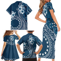 Kia Orana Cook Islands Family Matching Short Sleeve Bodycon Dress and Hawaiian Shirt Tiare and Stars - Navy Blue
