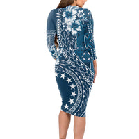 Kia Orana Cook Islands Long Sleeve Bodycon Dress Tiare and Stars - Navy Blue