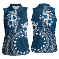 Kia Orana Cook Islands Women Sleeveless Polo Shirt Tiare and Stars - Navy Blue