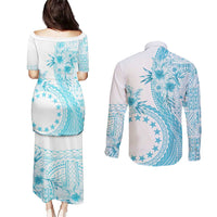Kia Orana Cook Islands Couples Matching Puletasi and Long Sleeve Button Shirt Tiare and Stars - Turquoise LT7 - Polynesian Pride