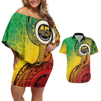 Vanuatu 45th Independence Anniversary Couples Matching Off Shoulder Short Dress and Hawaiian Shirt Ni-Van Sandroing LT7 Colorful - Polynesian Pride