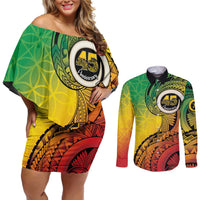 Vanuatu 45th Independence Anniversary Couples Matching Off Shoulder Short Dress and Long Sleeve Button Shirt Ni-Van Sandroing LT7 Colorful - Polynesian Pride