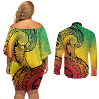 Vanuatu 45th Independence Anniversary Couples Matching Off Shoulder Short Dress and Long Sleeve Button Shirt Ni-Van Sandroing LT7 - Polynesian Pride