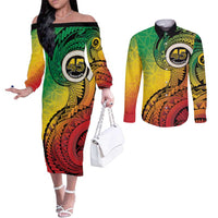 Vanuatu 45th Independence Anniversary Couples Matching Off The Shoulder Long Sleeve Dress and Long Sleeve Button Shirt Ni-Van Sandroing LT7 Colorful - Polynesian Pride