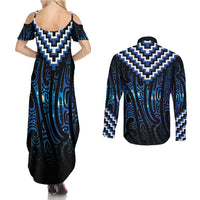 New Zealand Matariki Couples Matching Summer Maxi Dress and Long Sleeve Button Shirt Galaxy Poutama Motifs
