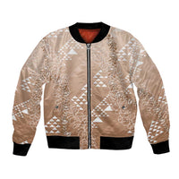 Hawaii Beige Kapa Bomber Jacket Vintage 'Ohe Kāpala Motifs Mix Plumeria Leis LT7 Unisex Beige - Polynesian Pride