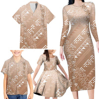 Hawaii Beige Kapa Family Matching Long Sleeve Bodycon Dress and Hawaiian Shirt Vintage 'Ohe Kāpala Motifs Mix Plumeria Leis