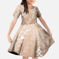 Hawaii Beige Kapa Family Matching Off The Shoulder Long Sleeve Dress and Hawaiian Shirt Vintage 'Ohe Kāpala Motifs Mix Plumeria Leis