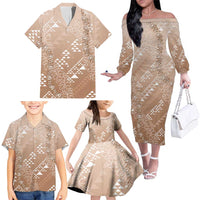 Hawaii Beige Kapa Family Matching Off The Shoulder Long Sleeve Dress and Hawaiian Shirt Vintage 'Ohe Kāpala Motifs Mix Plumeria Leis