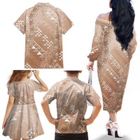 Hawaii Beige Kapa Family Matching Off The Shoulder Long Sleeve Dress and Hawaiian Shirt Vintage 'Ohe Kāpala Motifs Mix Plumeria Leis