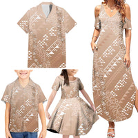 Hawaii Beige Kapa Family Matching Summer Maxi Dress and Hawaiian Shirt Vintage 'Ohe Kāpala Motifs Mix Plumeria Leis