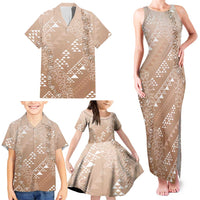 Hawaii Beige Kapa Family Matching Tank Maxi Dress and Hawaiian Shirt Vintage 'Ohe Kāpala Motifs Mix Plumeria Leis