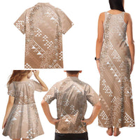 Hawaii Beige Kapa Family Matching Tank Maxi Dress and Hawaiian Shirt Vintage 'Ohe Kāpala Motifs Mix Plumeria Leis