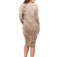 Hawaii Beige Kapa Long Sleeve Bodycon Dress Vintage 'Ohe Kāpala Motifs Mix Plumeria Leis