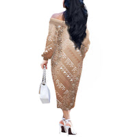 Hawaii Beige Kapa Off The Shoulder Long Sleeve Dress Vintage 'Ohe Kāpala Motifs Mix Plumeria Leis