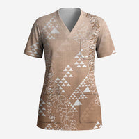 Hawaii Beige Kapa Scrub Top Vintage 'Ohe Kāpala Motifs Mix Plumeria Leis LT7 Adult Beige - Polynesian Pride