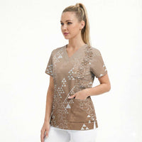 Hawaii Beige Kapa Scrub Top Vintage 'Ohe Kāpala Motifs Mix Plumeria Leis LT7 - Polynesian Pride