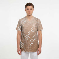 Hawaii Beige Kapa Scrub Top Vintage 'Ohe Kāpala Motifs Mix Plumeria Leis LT7 - Polynesian Pride