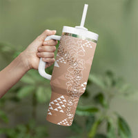 Hawaii Beige Kapa Tumbler With Handle Vintage 'Ohe Kāpala Motifs Mix Plumeria Leis