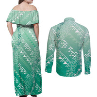 Hawaii Jade Green Kapa Couples Matching Off Shoulder Maxi Dress and Long Sleeve Button Shirt Vintage 'Ohe Kāpala Motifs Mix Plumeria Leis