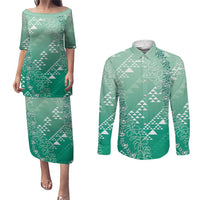 Hawaii Jade Green Kapa Couples Matching Puletasi and Long Sleeve Button Shirt Vintage 'Ohe Kāpala Motifs Mix Plumeria Leis