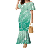 Hawaii Jade Green Kapa Family Matching Mermaid Dress and Hawaiian Shirt Vintage 'Ohe Kāpala Motifs Mix Plumeria Leis