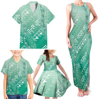 Hawaii Jade Green Kapa Family Matching Tank Maxi Dress and Hawaiian Shirt Vintage 'Ohe Kāpala Motifs Mix Plumeria Leis