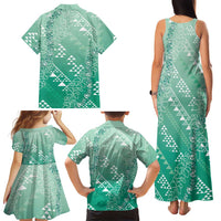 Hawaii Jade Green Kapa Family Matching Tank Maxi Dress and Hawaiian Shirt Vintage 'Ohe Kāpala Motifs Mix Plumeria Leis