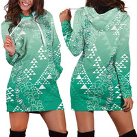 Hawaii Jade Green Kapa Hoodie Dress Vintage 'Ohe Kāpala Motifs Mix Plumeria Leis