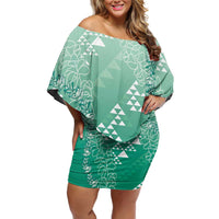 Hawaii Jade Green Kapa Off Shoulder Short Dress Vintage 'Ohe Kāpala Motifs Mix Plumeria Leis