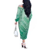 Hawaii Jade Green Kapa Off The Shoulder Long Sleeve Dress Vintage 'Ohe Kāpala Motifs Mix Plumeria Leis