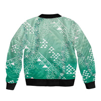 Hawaii Jade Green Kapa Sleeve Zip Bomber Jacket Vintage 'Ohe Kāpala Motifs Mix Plumeria Leis LT7 - Polynesian Pride